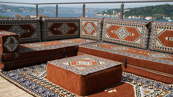 Brown Palace Elegance pattern L-shaped corner Arabic floor sofa set, photo 14 of 16