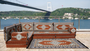 Brown Palace Elegance pattern L-shaped corner Arabic floor sofa set, photo 12 of 16