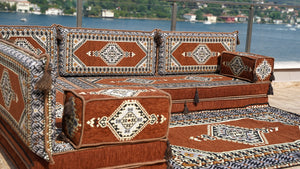 Brown Palace Elegance pattern L-shaped corner Arabic floor sofa set, photo 15 of 16