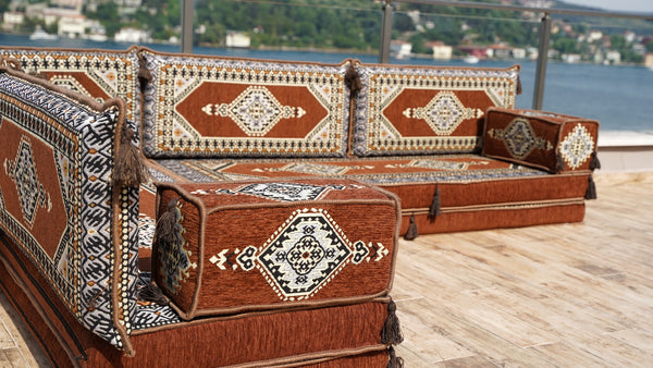 Brown Palace Elegance pattern L-shaped corner Arabic floor sofa set, photo 17 of 17