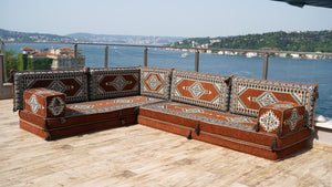 Brown Palace Elegance pattern L-shaped corner Arabic floor sofa set, photo 16 of 16