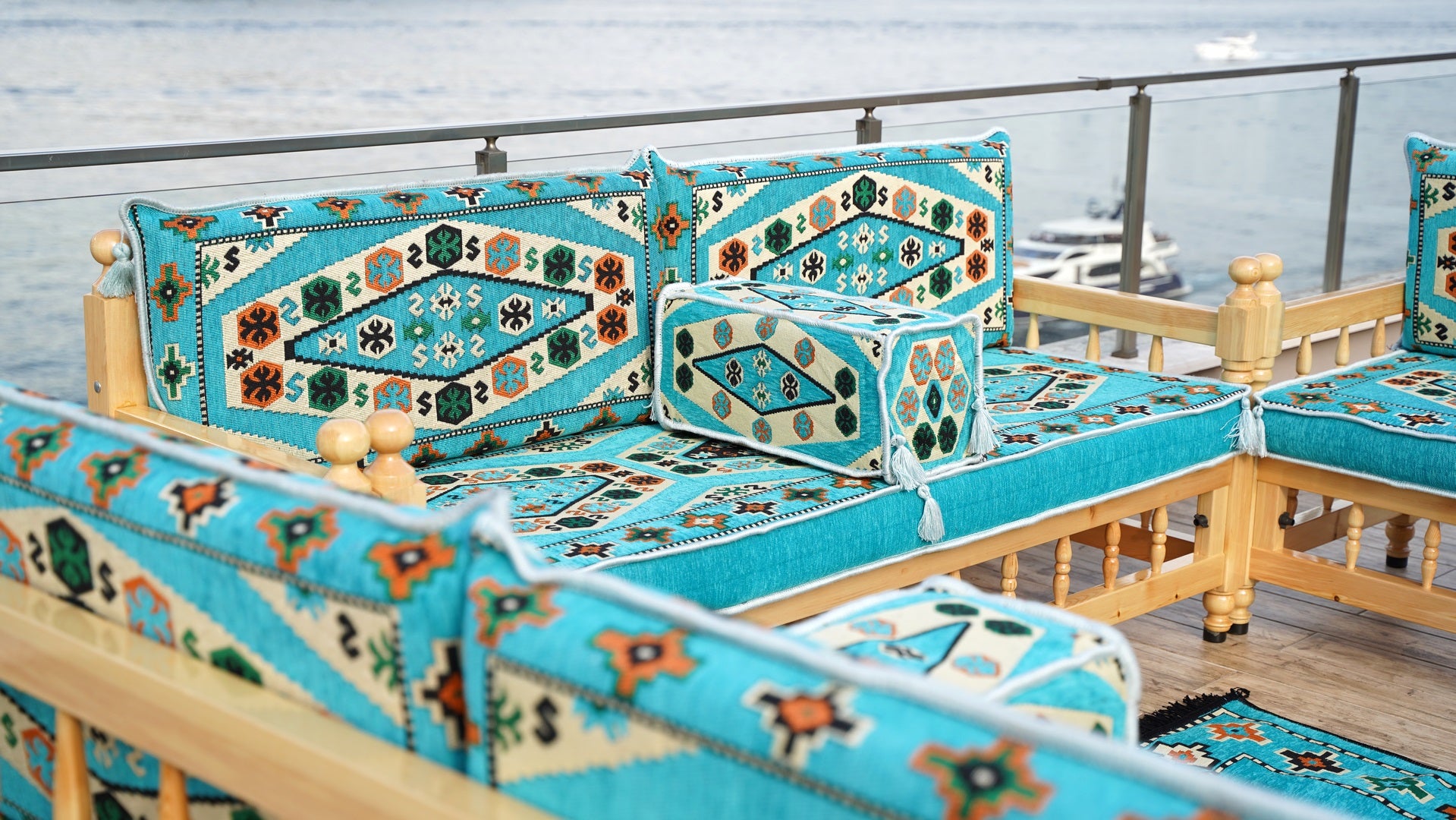 Turquoise Wooden Bench Sofa Sets, Bohemian Furniture, Outdoor Bench, Turkish Rug As Gift, Outdoor Furniture, Patio Benches, Moroccan Bench Cushion, Corner Sofa Set, Arabic Majlis