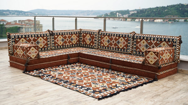 Brown Urgup Mystic pattern L-shaped corner Arabic floor sofa set, photo 14 of 16