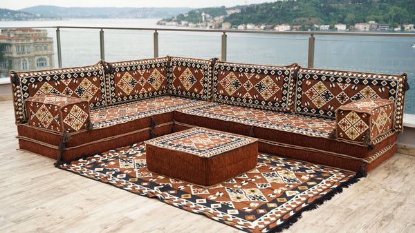 Brown Urgup Mystic pattern L-shaped corner Arabic floor sofa set, photo 12 of 16