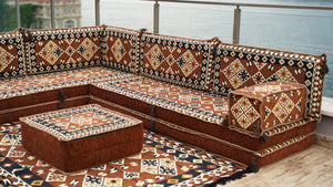 Brown Urgup Mystic pattern L-shaped corner Arabic floor sofa set, photo 13 of 16