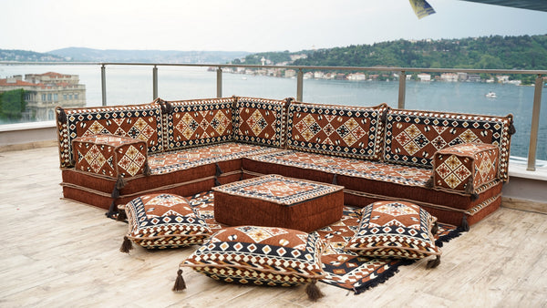 Brown Urgup Mystic pattern L-shaped corner Arabic floor sofa set, photo 10 of 16