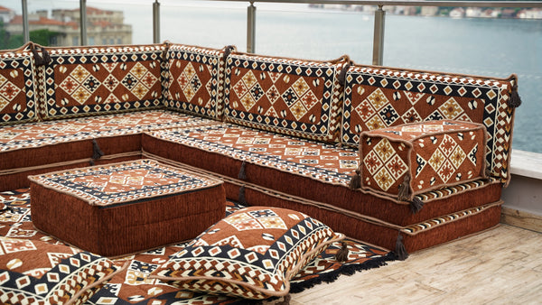 Brown Urgup Mystic pattern L-shaped corner Arabic floor sofa set, photo 11 of 16