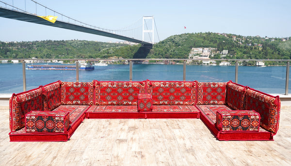 Red Afghan Heritage: U Shaped Floor Sofa Set – Arabic Sofa – Handmade Floor Sofa – Authentic Arabic Jalsa Seating