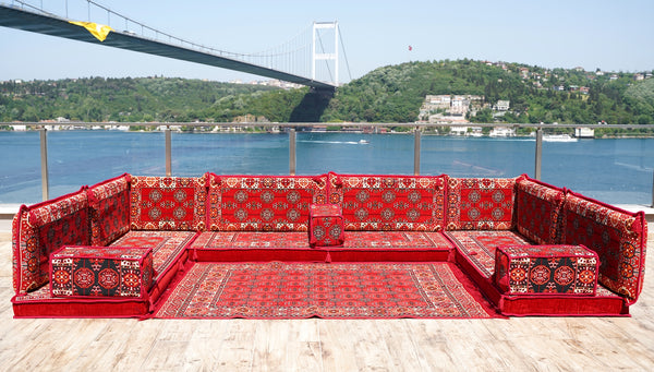 Red Afghan Heritage: U Shaped Floor Sofa Set – Arabic Sofa – Handmade Floor Sofa – Authentic Arabic Jalsa Seating