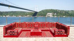 Red Afghan Heritage: U Shaped Floor Sofa Set – Arabic Sofa – Handmade Floor Sofa – Authentic Arabic Jalsa Seating
