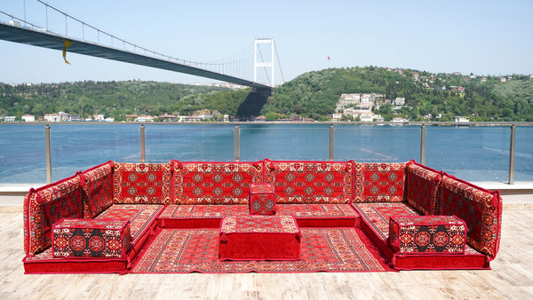 Red Afghan Heritage: U Shaped Floor Sofa Set – Arabic Sofa – Handmade Floor Sofa – Authentic Arabic Jalsa Seating