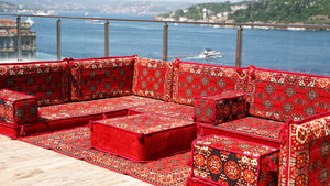 Red Afghan Heritage: U Shaped Floor Sofa Set – Arabic Sofa – Handmade Floor Sofa – Authentic Arabic Jalsa Seating
