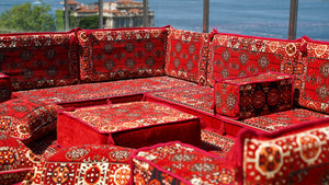 Red Afghan Heritage: U Shaped Floor Sofa Set – Arabic Sofa – Handmade Floor Sofa – Authentic Arabic Jalsa Seating