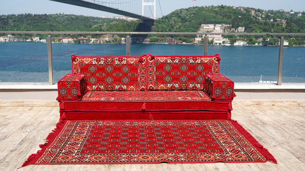 طقم كنب أرضي عربي، طاولة كنب، كنب حديقة من البليت، كنب أرضي تركي، كنب خارجي مع أريكة عثمانية وسجادة