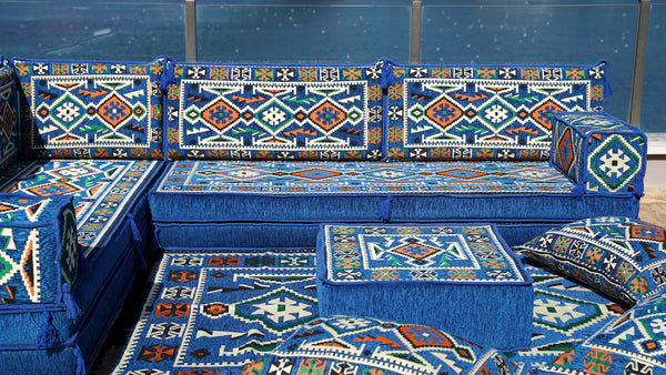 Royal blue Anatolian Hearth pattern L-shaped corner Arabic floor sofa set, photo 11 of 18