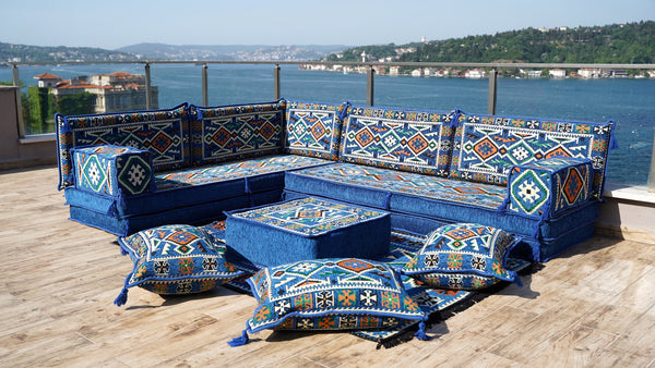 Royal blue Anatolian Hearth pattern L-shaped corner Arabic floor sofa set, photo 10 of 18