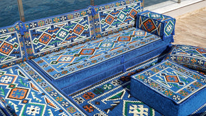 Royal blue Anatolian Hearth pattern L-shaped corner Arabic floor sofa set, photo 12 of 18