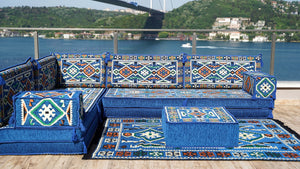 Royal blue Anatolian Hearth pattern L-shaped corner Arabic floor sofa set, photo 14 of 18
