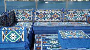 Royal blue Anatolian Hearth pattern L-shaped corner Arabic floor sofa set, photo 15 of 18