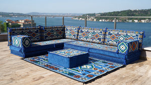 Royal blue Anatolian Hearth pattern L-shaped corner Arabic floor sofa set, photo 13 of 18