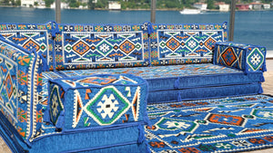 Royal blue Anatolian Hearth pattern L-shaped corner Arabic floor sofa set, photo 17 of 18