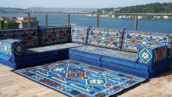 Royal blue Anatolian Hearth pattern L-shaped corner Arabic floor sofa set, photo 16 of 18