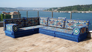 Royal blue Anatolian Hearth pattern L-shaped corner Arabic floor sofa set, photo 18 of 18