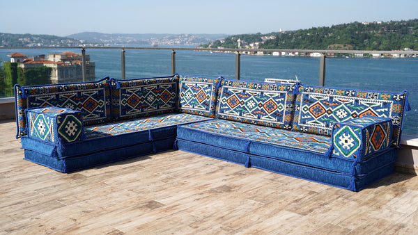 Royal blue Anatolian Hearth pattern L-shaped corner Arabic floor sofa set, photo 18 of 18