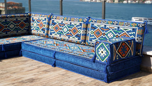 Royal blue Anatolian Hearth pattern L-shaped corner Arabic floor sofa set, photo 19 of 19