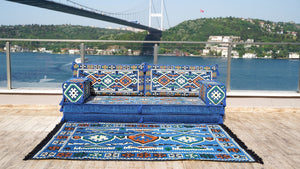Royal blue Anatolian Hearth pattern single Arabic floor sofa set, photo 14 of 16