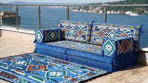Royal blue Anatolian Hearth pattern single Arabic floor sofa set, photo 15 of 16