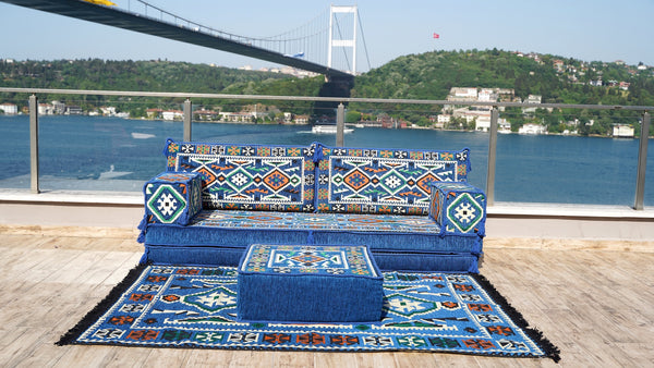 Royal blue Anatolian Hearth pattern single Arabic floor sofa set, photo 12 of 16