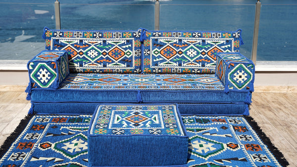 Royal blue Anatolian Hearth pattern single Arabic floor sofa set, photo 13 of 16