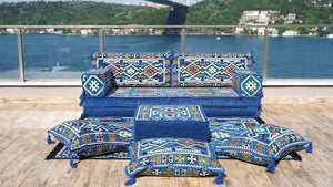 Royal blue Anatolian Hearth pattern single Arabic floor sofa set, photo 10 of 16