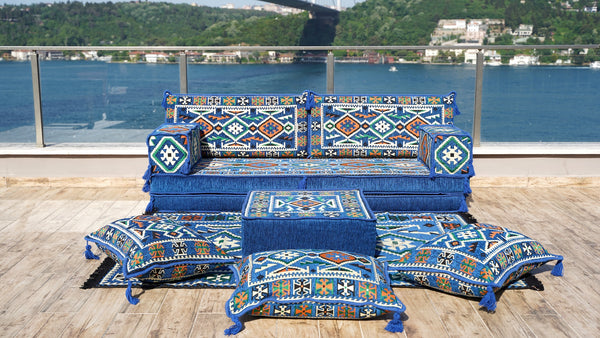 Royal blue Anatolian Hearth pattern single Arabic floor sofa set, photo 10 of 16