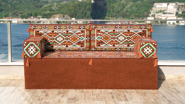 طقم جلوس مغربي أرضي، مجلس عربي، أريكة أرضية عربية مع أريكة عثمانية وسجادة، وسادة شرقية، وسادة مغربية، وسادة أرضية عرقية