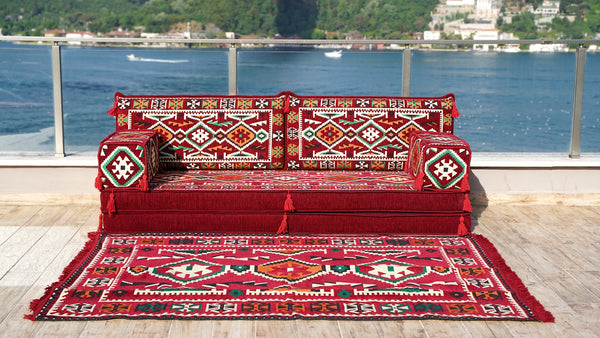 طقم مجلس عربي عصري، طقم كنب أرضي، كنب عرقي، جلسة عربية، كنب مغربي، كنب مقسم مع أريكة عثمانية وسجادة