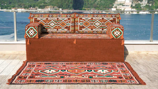 طقم جلوس مغربي أرضي، مجلس عربي، أريكة أرضية عربية مع أريكة عثمانية وسجادة، وسادة شرقية، وسادة مغربية، وسادة أرضية عرقية