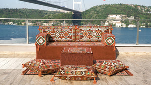 طقم جلوس مغربي أرضي، مجلس عربي، أريكة أرضية عربية مع أريكة عثمانية وسجادة، وسادة شرقية، وسادة مغربية، وسادة أرضية عرقية