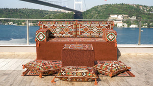 طقم جلوس مغربي أرضي، مجلس عربي، أريكة أرضية عربية مع أريكة عثمانية وسجادة، وسادة شرقية، وسادة مغربية، وسادة أرضية عرقية