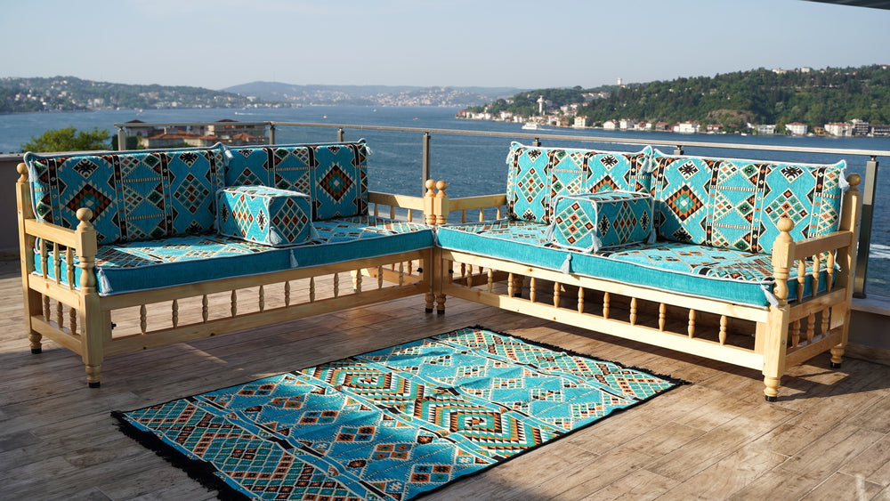 Turquoise Corner Sofa Set, Pine Tree Wooden Bench, Floor Cushions, Wooden Bench Sofa Sets, Yemeni Majlis, Bench Pillow, Outdoor Furniture, Moroccan Bench Cushion