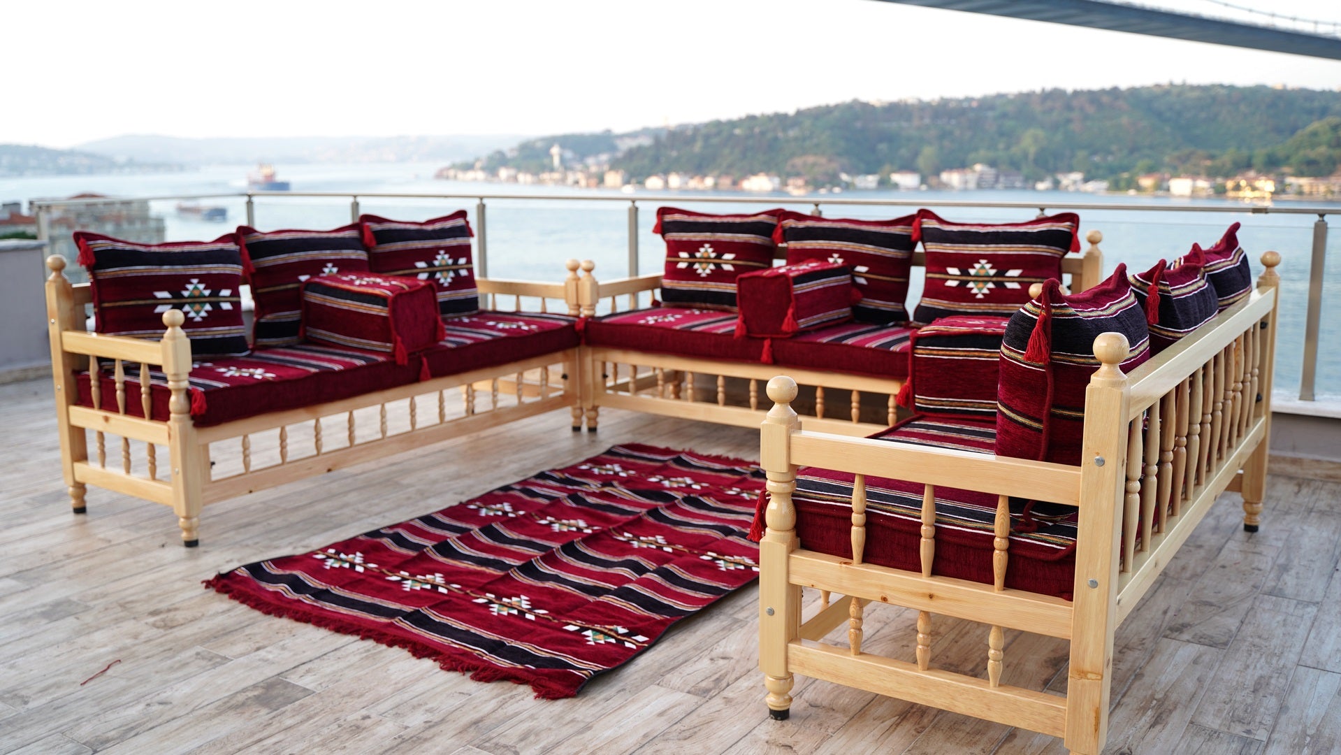 Maroon Damascus Stripe: Wooden Bench Set – 4 Inch Thick Arabic Floor C
