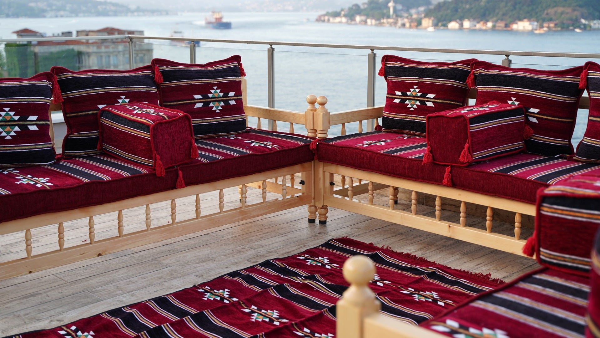 Maroon Damascus Stripe: Wooden Bench Set – 4 Inch Thick Arabic Floor C