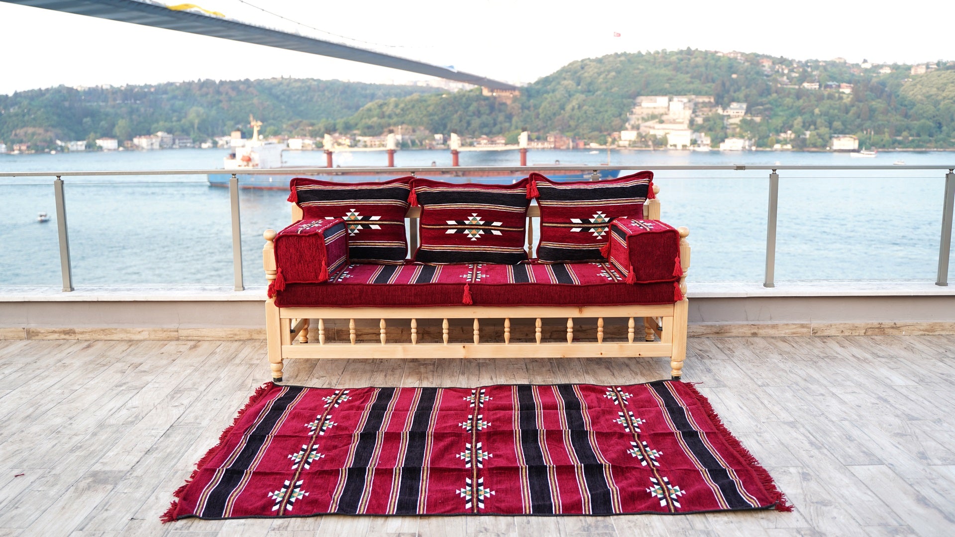 Maroon Damascus Stripe: Wooden Bench Set – 4 Inch Thick Arabic Floor C