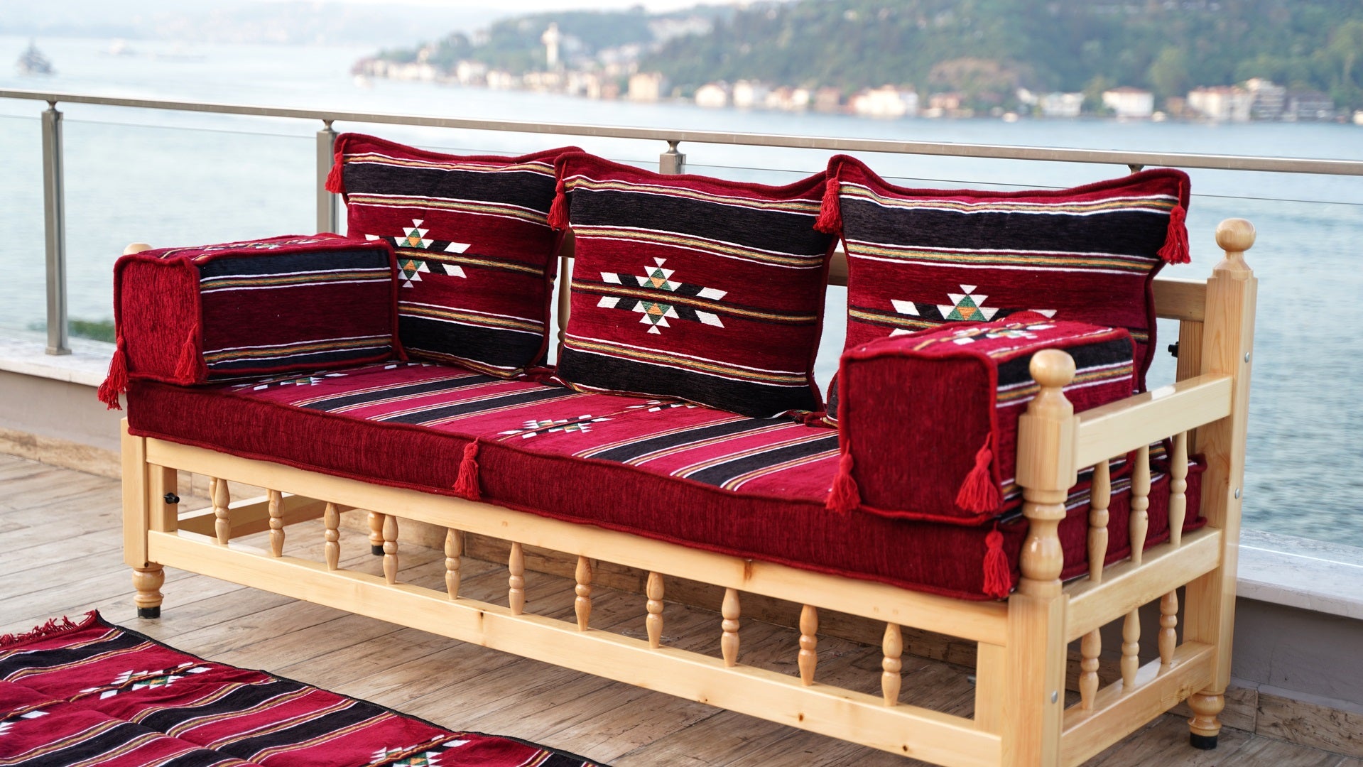 ★80s★深紅のベルベット4連ソファー/モジュールソファ/アンティー4脚セット① Maroon Damascus Stripe: Wooden Bench Set – 4 Inch Thick Arabic Floor C
