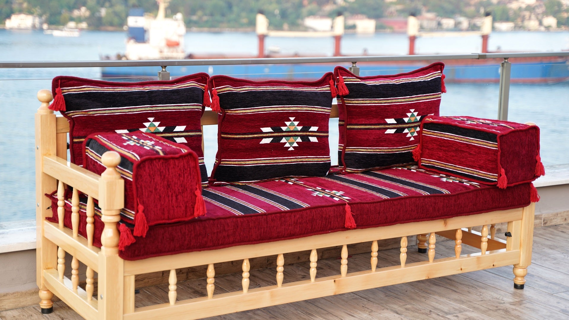 Maroon Damascus Stripe: Wooden Bench Set – 4 Inch Thick Arabic Floor C