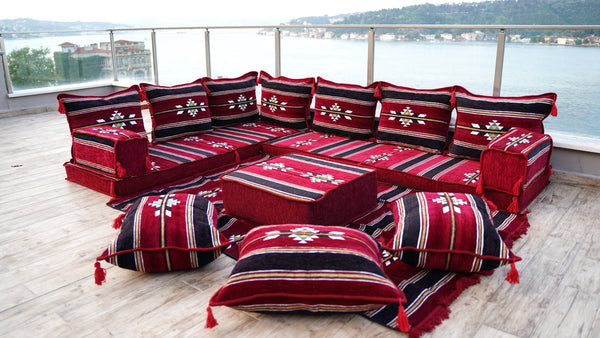 8'' dickes L-Sofa-Set, weinrotes Bodensitz-Set, arabisches Ecksofa, Bodenkissen, arabische Möbel, arabischer Majlis