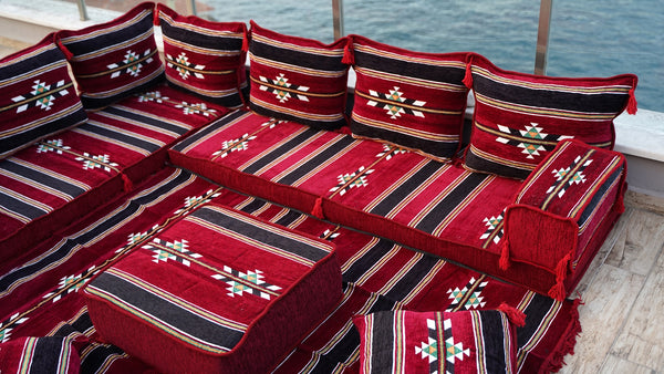 8'' dickes L-Sofa-Set, weinrotes Bodensitz-Set, arabisches Ecksofa, Bodenkissen, arabische Möbel, arabischer Majlis