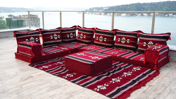 8'' dickes L-Sofa-Set, weinrotes Bodensitz-Set, arabisches Ecksofa, Bodenkissen, arabische Möbel, arabischer Majlis