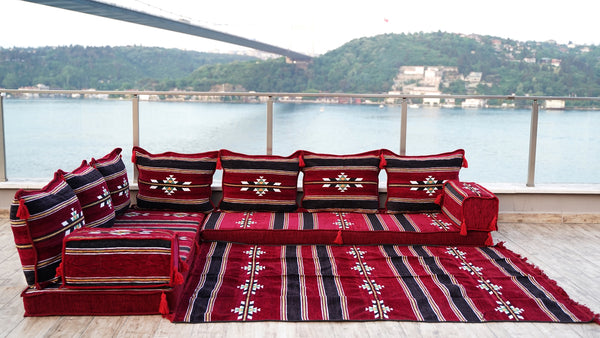 8'' dickes L-Sofa-Set, weinrotes Bodensitz-Set, arabisches Ecksofa, Bodenkissen, arabische Möbel, arabischer Majlis